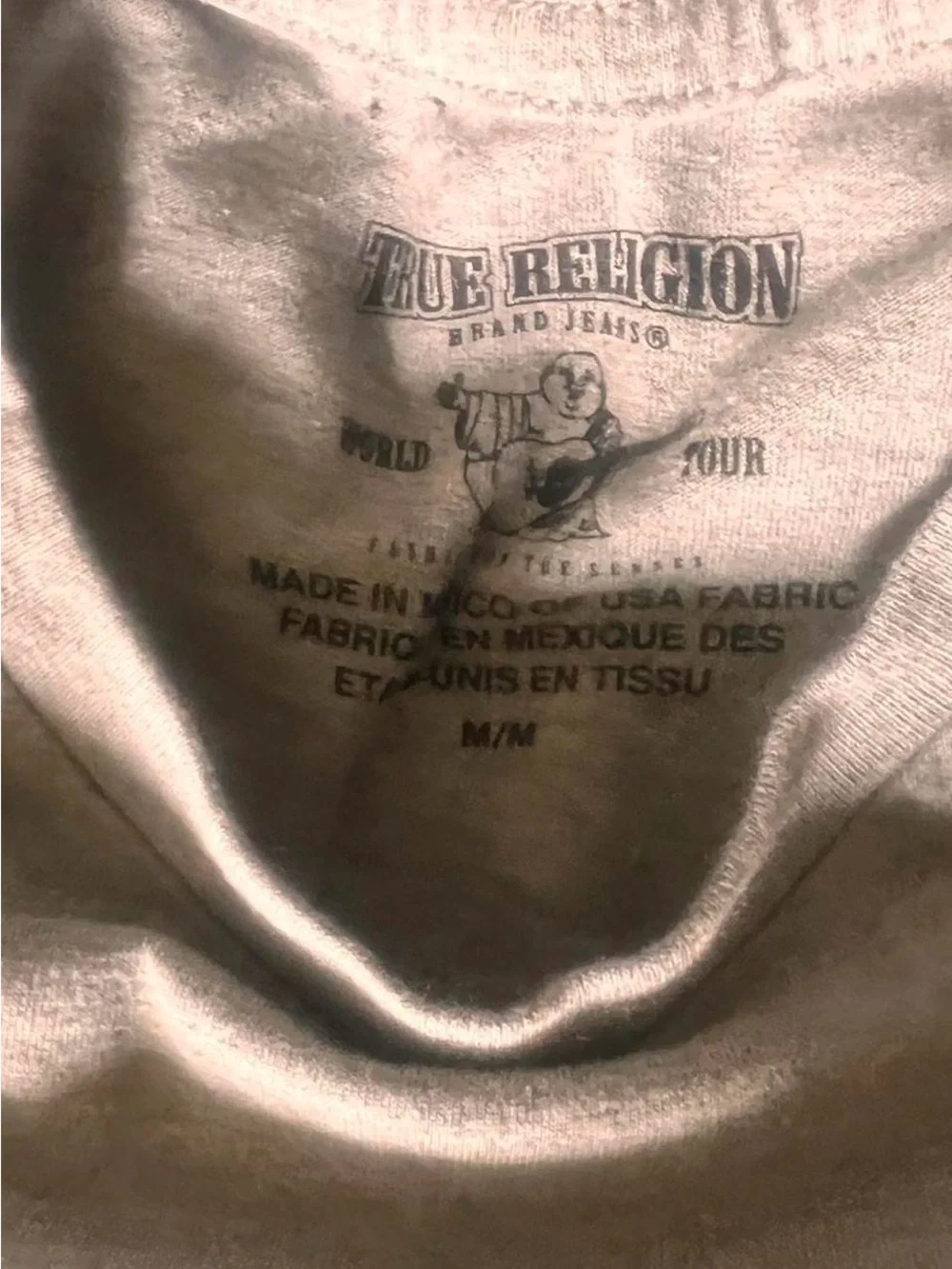 Rare True Religion Heather Gray Tee with Black Logo and Sleeve Stripes